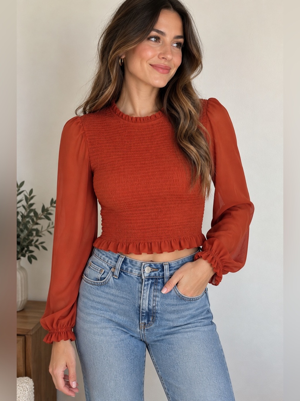 Wilfred Aritzia Rust Orange Smocked Long Sleeve Cropped Blouse Size M